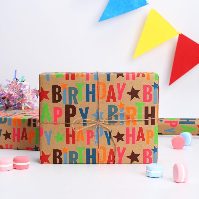 17 inch X 33 feet, Gridlines Design, Recycled, Holiday BIOBROWN Kraft Birthday Wrapping Paper Colorful Text Happy Birthday Design B0BLSML9G3
