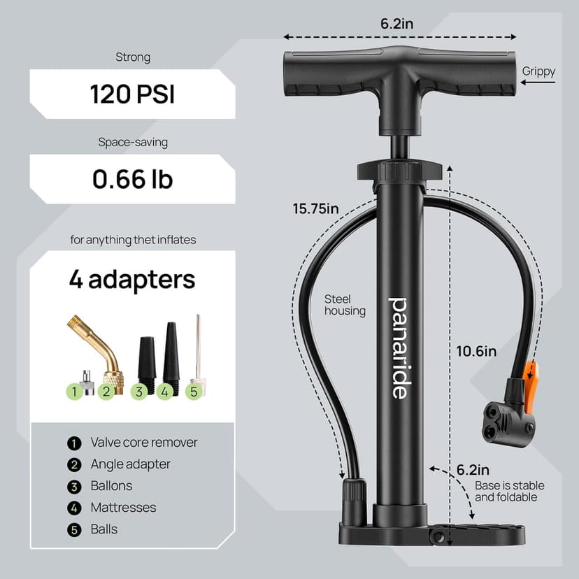 Bike Pump Floor, Advanced Bike Tire Inflator, Bicycle Hand Air Pump with Dual Presta and Schrader Valves, Handheld Pump, Suitable for Road and Mountain Bikes, Baby Stroller, Balls