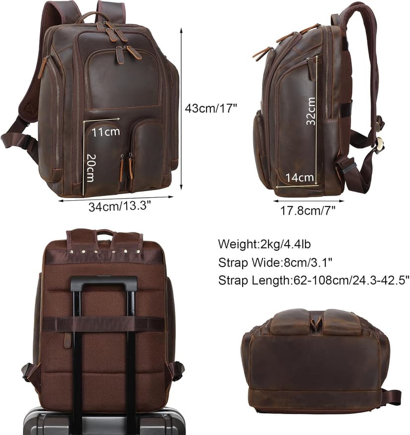 Masa Kawa Leather Backpack for Men with 16" Laptop & Camera Lens Sleeve, Multi Pockets Weekend Trip Business Travel Overnight Camping Bag, Vintage Brown