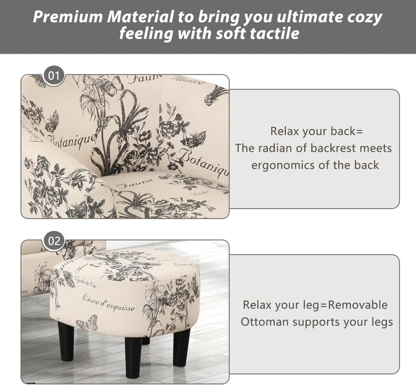 INZOY Modern Accent Chair with Ottoman for Small Space, Club Chair with Ottoman Set, Comfy Fabric Barrel Reading Chairs for Living Room Bedroom, Round Reading Chair with Foot Rest, Flower Pattern