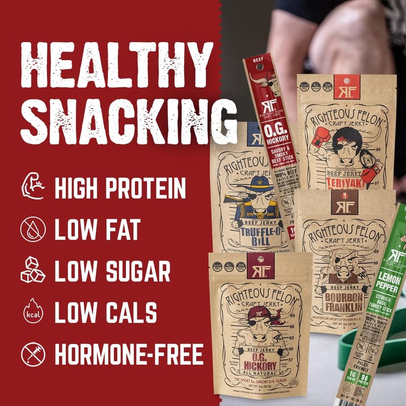 Righteous Felon Savory Beef Jerky Variety Gift Pack - Great Gifts for Men | Gluten Free, High Protein Healthy Snack | Bulk Beef, Pork, & Turkey Jerky Variety Snack Packs | The Savory 6 Pack Sampler