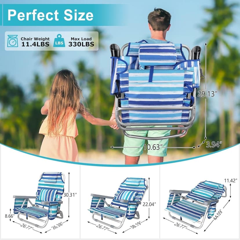 Suteck Backpack Beach Chairs for Adults, 5-Position Lay Flat Reclining Chair with Cooler Pouch, Cup Holder, Towel Bar, 2-Pack Portable Folding Beach Chair for Lawn Outdoor (1, Light Blue)