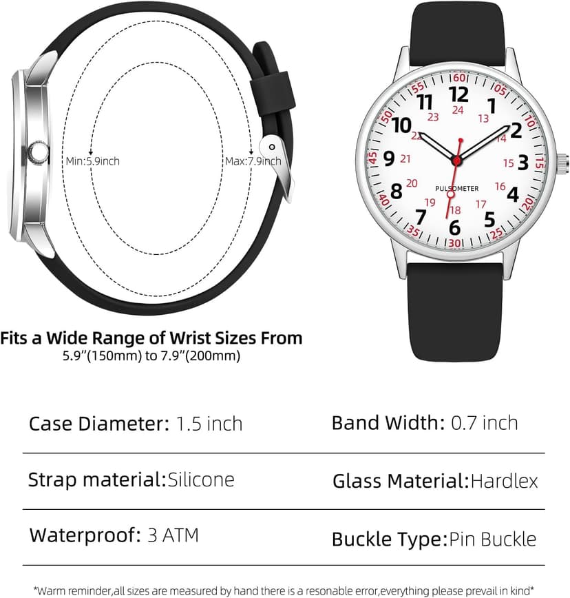 TWOPTION Nurse Watch for Women Waterproof Analog Silicone Watch with Second Hand Nursing Watch