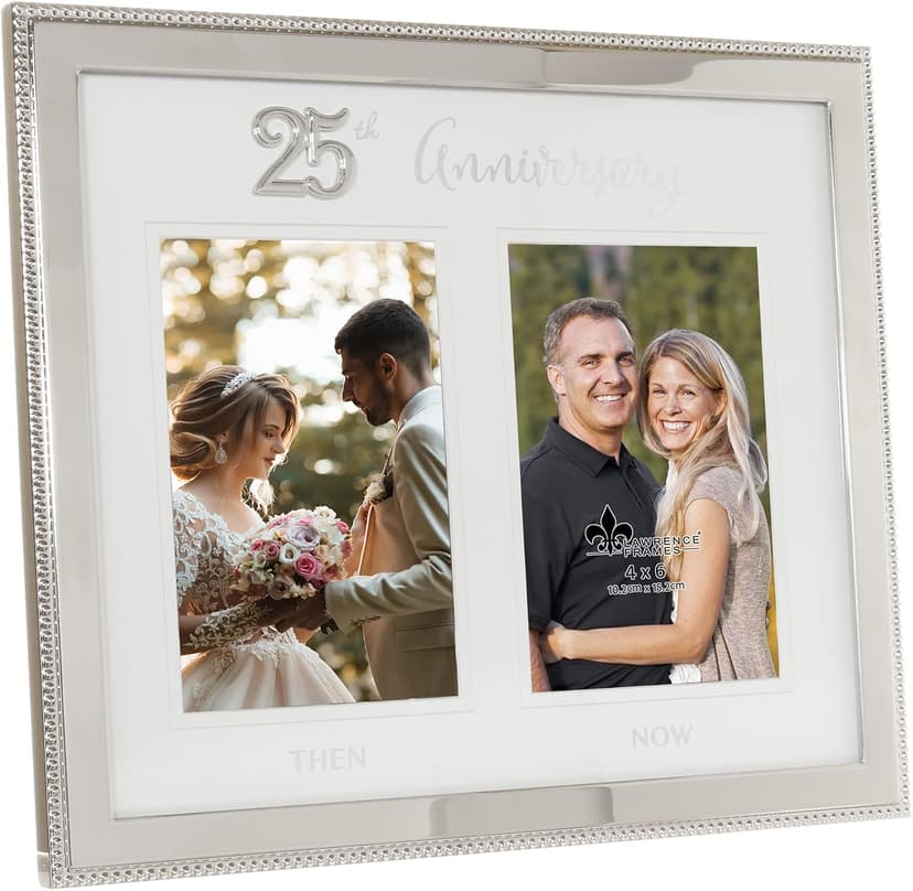 4x6 Double Silver Beaded Metal 25th Anniversary Picture Frame, Then and Now B0BRM5WJ7N