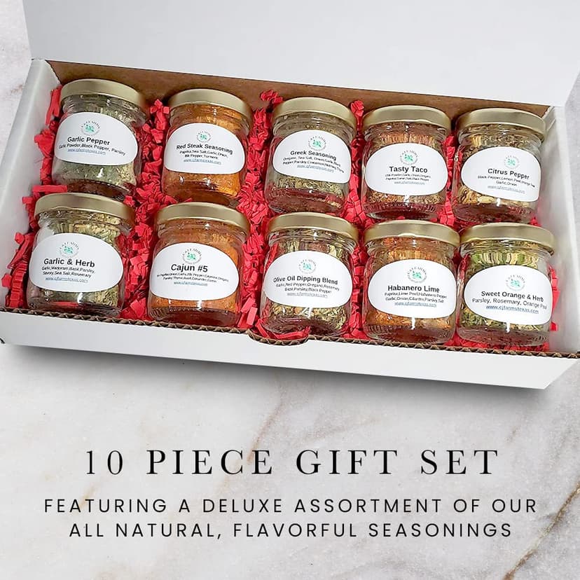 C&J Farms Texas Gourmet Artisan Seasonings Gift of Seasonings Gift Set- 10 Pc. Variety Sampler Box- Natural Herbs, Spices, and Salts for Kitchen Rack