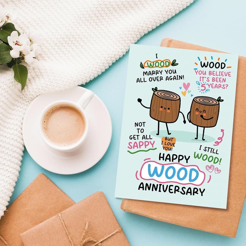 Funny 5th Anniversary Card for Him Her, Pun Wood Anniversary Card for Husband Wife, 5 Years Married Cards Gift