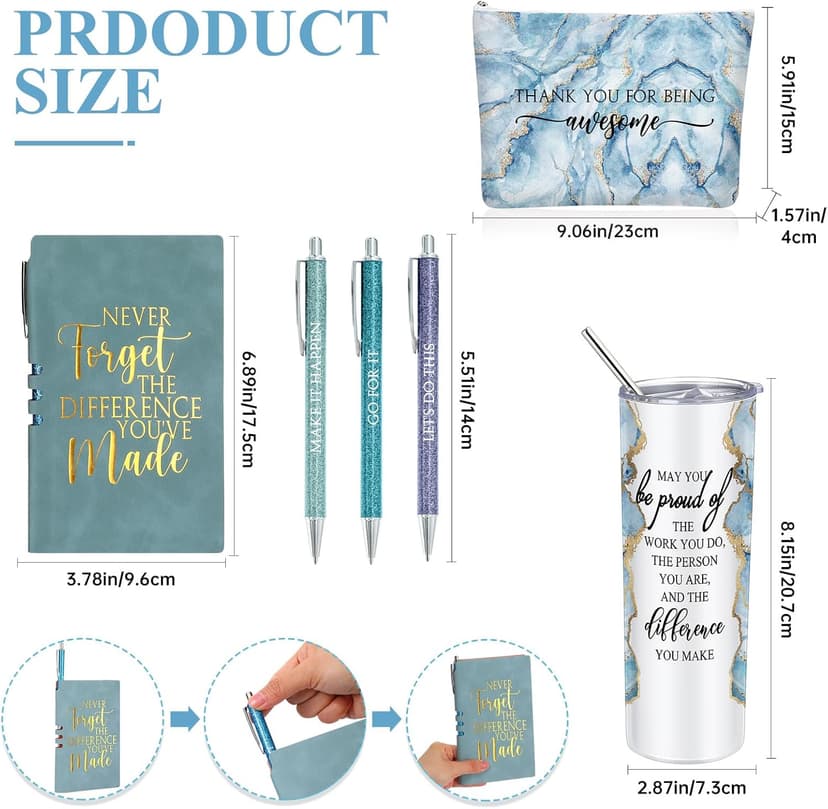 Domensi 6 Pcs Employee Appreciation Gift Set for Women Female Christmas Thank You Gift May You Be Proud 20 oz Rustic Marble Sign Tumbler Makeup Bag Journal for Teacher Nurse Lady Work Business(Blue)