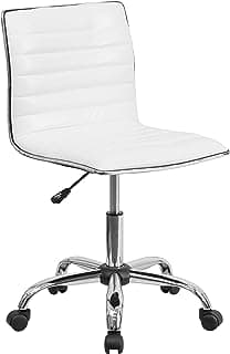 Flash Furniture Alan Low-Back Ribbed Upholstered Vinyl Swivel Desk Chair with Padded Seat, Modern Adjustable Height Padded Office Chair, White