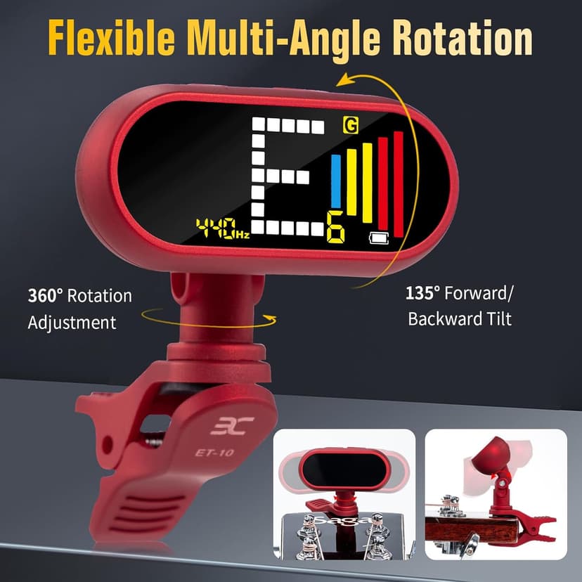EX Professional Rechargeable Chromatic Clip-On Guitar Tuner — Fast, Ultra-Accurate Clip-On Tuner with Color LCD for Acoustic Guitar, Bass Guitar, Ukulele & Violin, Red