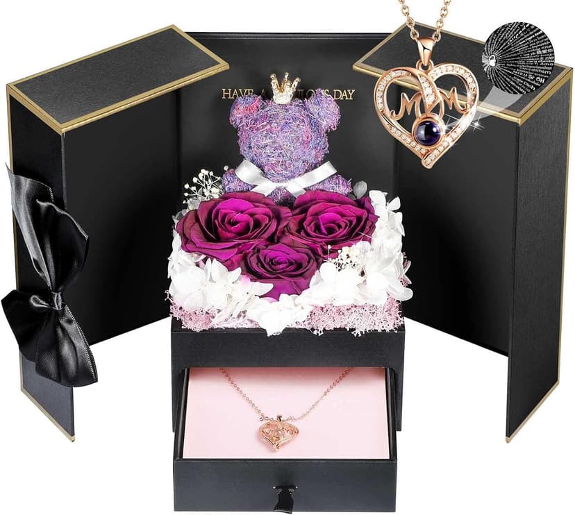 ADDWel Meaningful Gifts for Mom from Daughter Son, Preserved Purple Rose Gift Box with MOM Necklace, I Love You Necklace in 100 Languages, Mother’s Day Birthday Gifts for Mom B0BZ7SWYTH