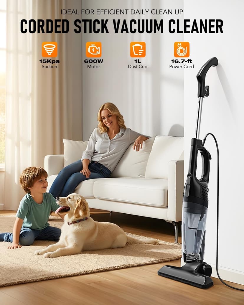 Avvnee Corded Stick Vacuum Cleaner – 15000Pa Strong Suction 600W Motor, Ultra-Light 3 lbs Design for Pet Hair, Hard Floors & Low-Pile Rugs | Includes Crevice Tool, 1L Dust Cup, 16.7ft Cord (Black)