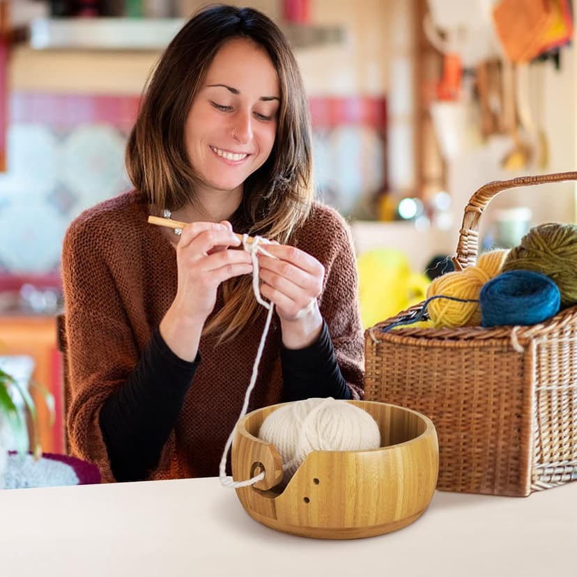 Wooden Yarn Bowl Holder, Craft Knitting Bowl with 8pcs Metal Crochet Hooks, 7.9''Large Yarn Holder Dispenser Yarn Storage Bowls, for Knitters & Crocheters (Bamboo 7.9 inch)