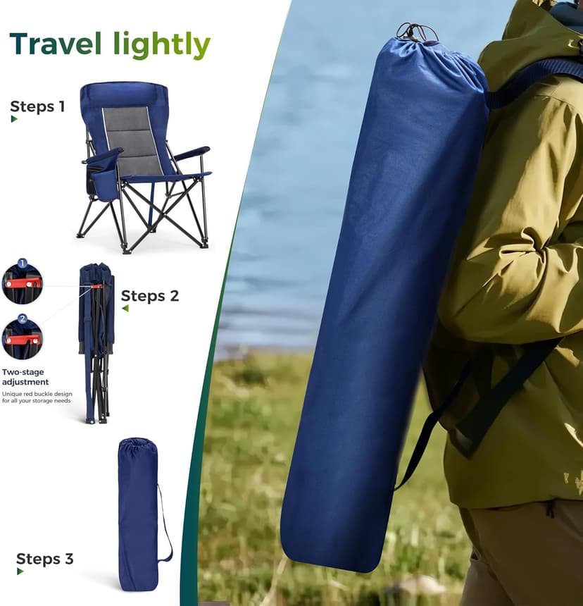 ALPHA CAMP Oversized Folding Camping Chairs High Backrest Heavy Duty Lawn Chairs for Adults Support 500 LBS Portable Camp Chairs with Cup Holders Large Side Pocket for Outdoor