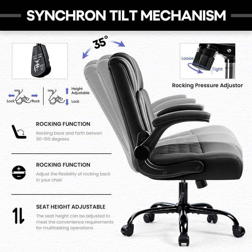 OFIKA Leather Office Desk Chair,Ergonomic Office Chair with Lumbar Support,Computer Chair,Executive Leather Chair with Padded Flip-up Arm,Adjustable Armrests, Black,275LBS