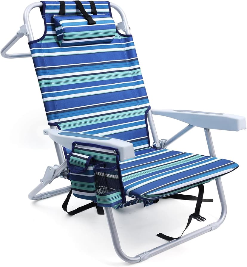 Yestomo Beach Chairs for Adults Heavy Duty, Compact Portable Lay Flat Folding Chair with Backpack Straps and Large Cooler Pouch, Support to 350LBS (Stripes_Blue&Cyan)
