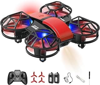 Red Mini Drone for Kids, Indoor & Outdoor RC Quadcopter, Full Propeller Guards, LED Light, 3D Flips, One Key Start, Headless Mode, 2 Rechargeable Batteries, 21 Mins Total Flight Time, Toy Gift for Boys and Girls