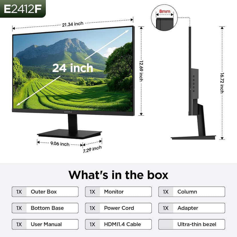 KOORUI 24-inch Computer Monitor Full HD 1920 x 1080p 100Hz VA Display 4000:1 Contrast Ratio with HDMI VGA, TÜV Rheinland Certified, 100 x 100 mm VESA Mountable, Ultra-Slim Design, Tilt, Black, E2412F