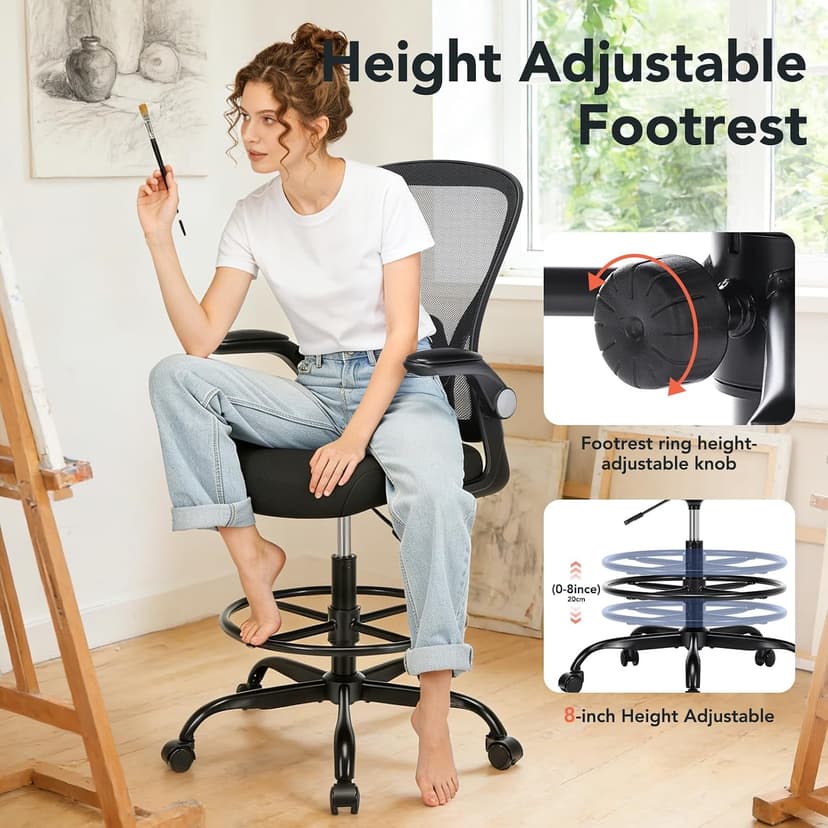 Drafting Chair, Tall Office Chair for Standing Desk, Mesh High Desk Chair with Flip-Up Armrests, Ergonomic Office Chair with Lumbar Support, Adjustable Footrest Ring Studio Chair, Black