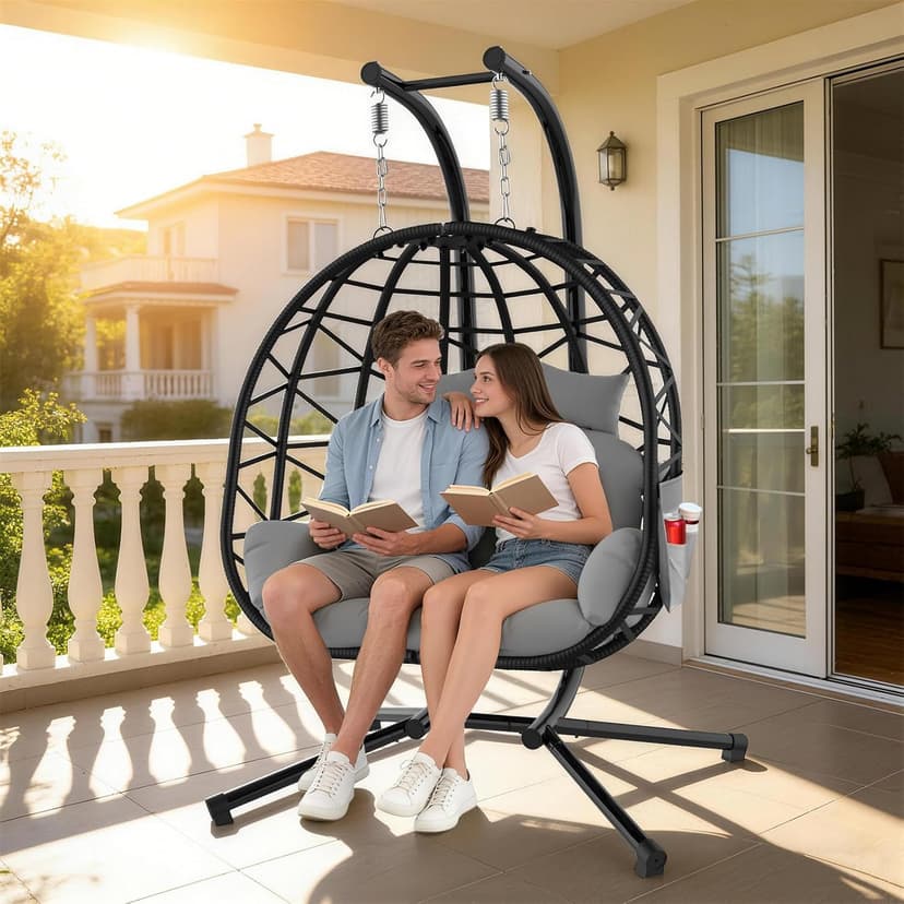 Suteck Double Hanging Egg Chair with Stand, Outdoor Indoor 2 Person Wicker Egg Swing Chair with Cushion, 700lbs Capacity for Patio, Bedroom, Garden - Black