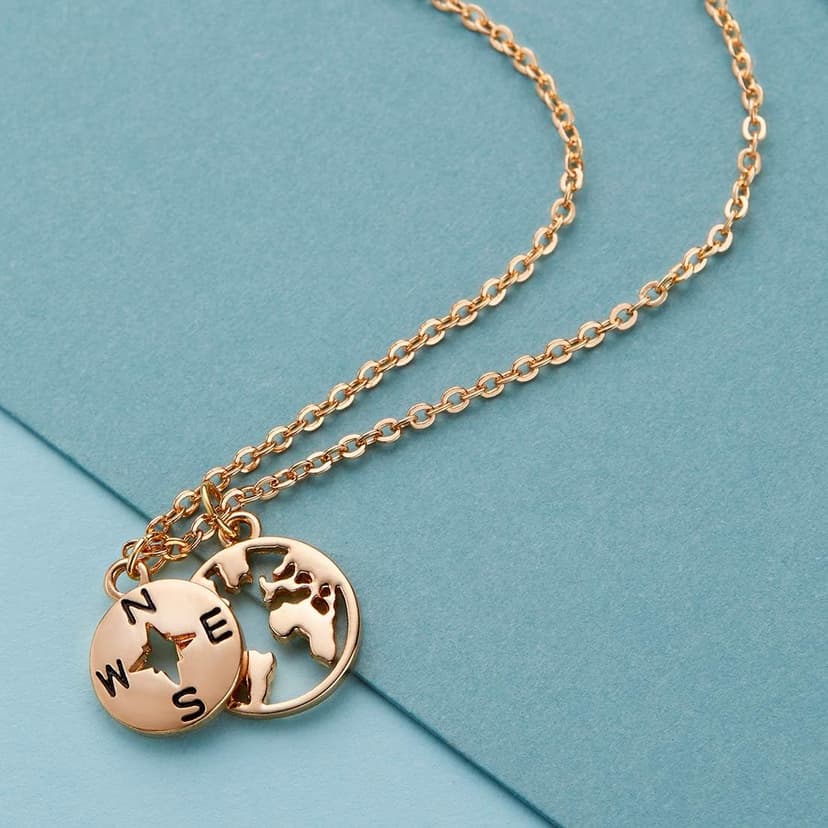 Zealmer Dainty 18K Gold Plated Compass World Map Pendant Necklace Graduation Gift for Friends