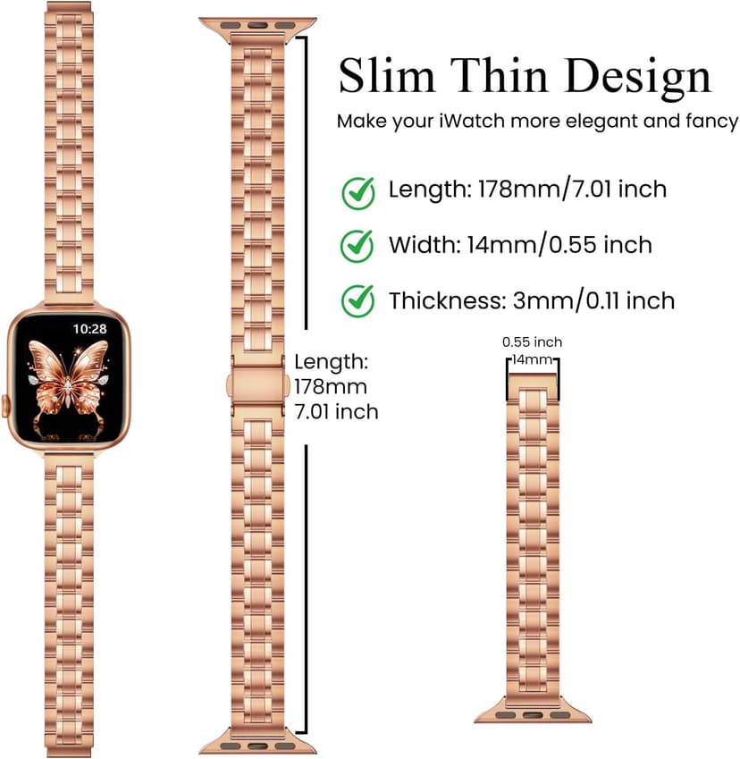 STIROLL Thin Replacement Band Compatible for Apple Watch 38mm 40mm 41mm 42mm(Series 11 10), Stainless Steel Metal Wristband Women Men for iWatch Ultra SE Series 9 8 7 6 5 4 3 2 1, Rose Gold