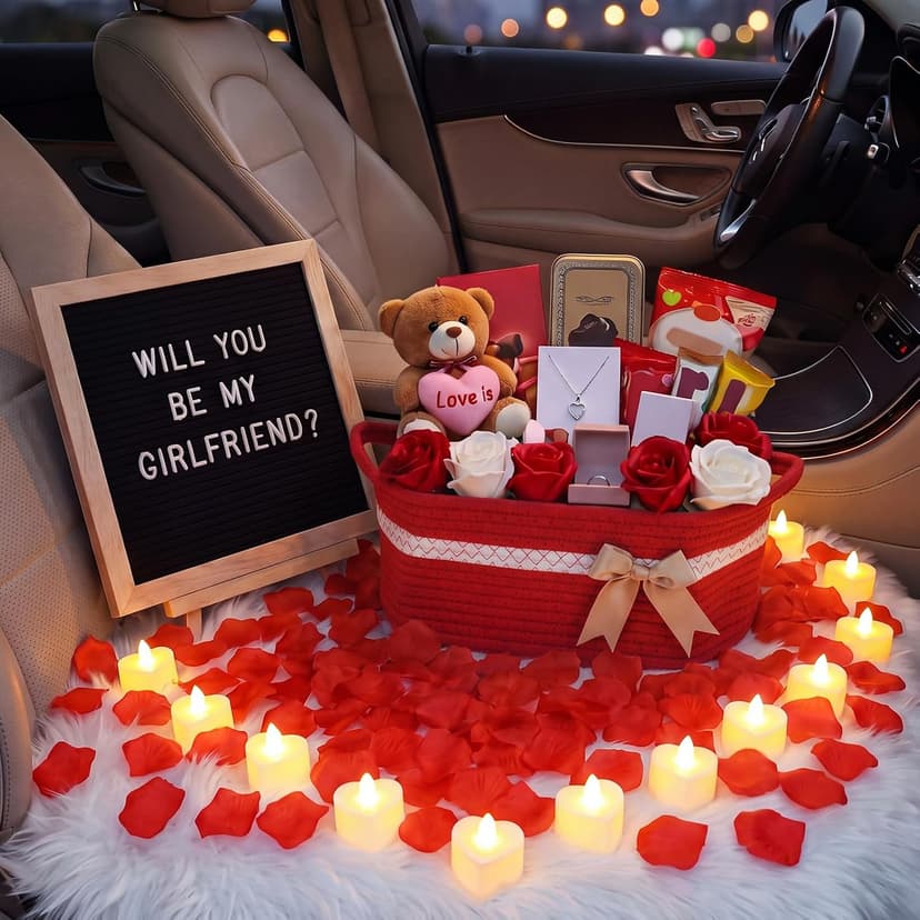 Basket Set with Letter Board, 1000 Rose Petal, 12 Heart LED Light, Romantic Gift Girlfriend Asking Anniversary Surprise Decor Ceenna Will You Be My Girlfriend Proposal Kit, Red, Cute