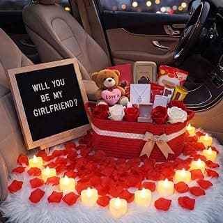Basket Set with Letter Board, 1000 Rose Petal, 12 Heart LED Light, Romantic Gift Girlfriend Asking Anniversary Surprise Decor Ceenna Will You Be My Girlfriend Proposal Kit, Red, Cute