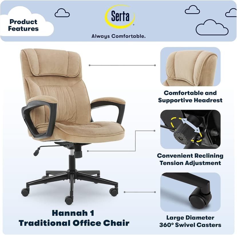 Serta® Hannah Executive Home Office Desk Chair, Ergonomic Mid-Back with Lumbar Support, Firm Seat Cushion, Layered Body Pillows, Padded Armrests, Swivel Base, Easy Assembly, Microfiber, Beige