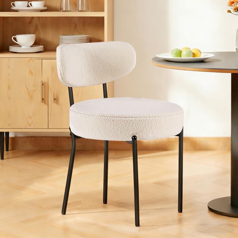 DUMOS Dining Chairs Set of 4, Mid Century Modern Chair Round Upholstered Curved Backrest, Kitchen Vanity Living Room Chairs with Black Metal Legs,Light Beige