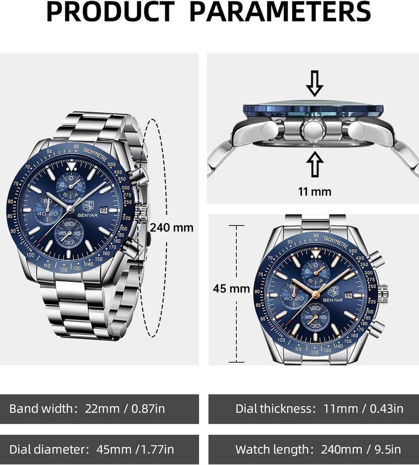 BENYAR BY BENYAR Watch for Men Analog Quartz Chronograph Waterproof Luminous Designer Mens Wrist Watches Business Work Sport Casual Dress Watch with Silicone Strap Elegant Gifts for Men