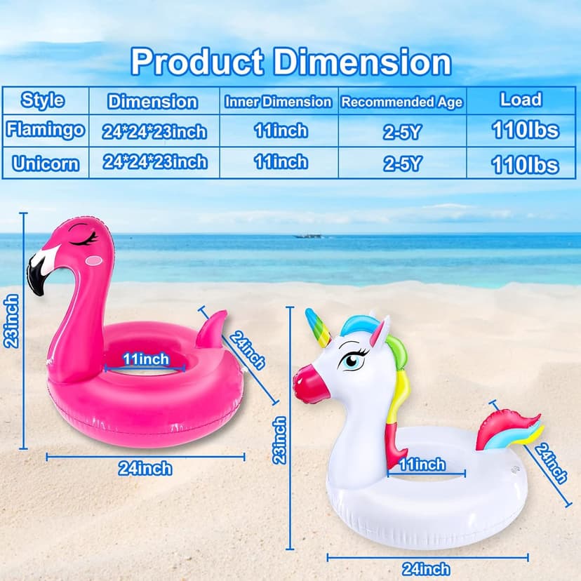 2 Pack Pool Floats for Kids Unicorn Flamingo Swim Ring Kids Pool Floaties Inflatable Swimming Pool Raft Party Water Toys for Age 2-5 Year Toddlers Girls Boys Summer Beach Float