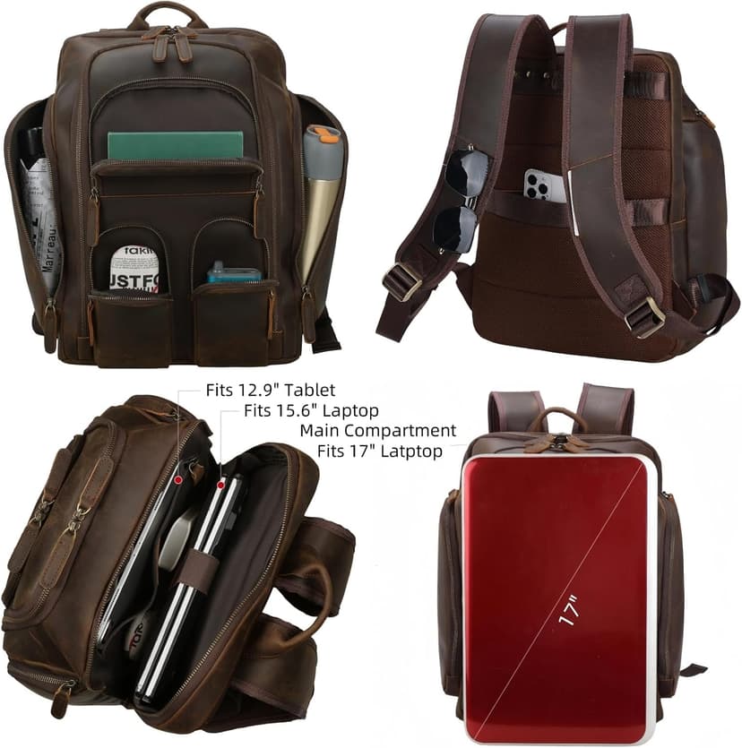 Masa Kawa Leather Backpack for Men with 16" Laptop & Camera Lens Sleeve, Multi Pockets Weekend Trip Business Travel Overnight Camping Bag, Vintage Brown