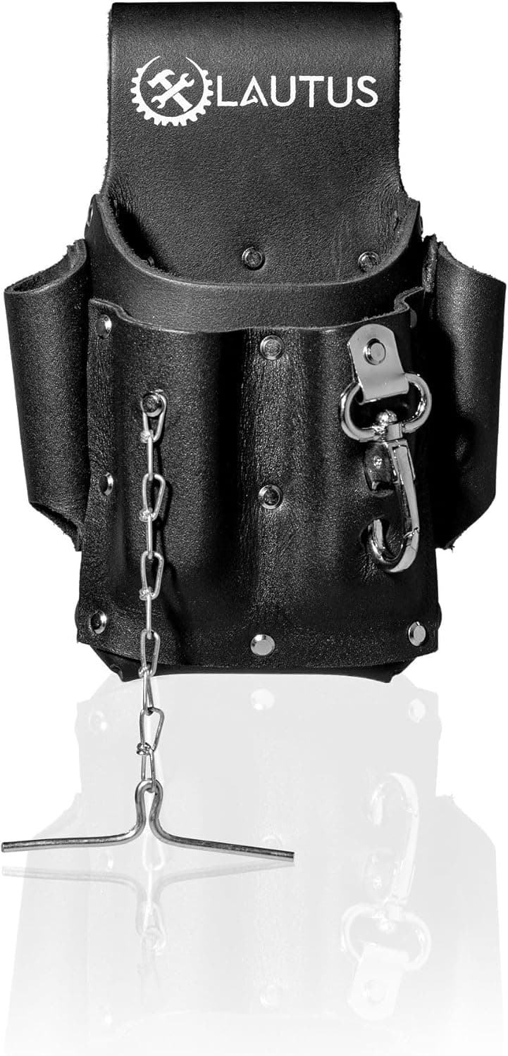LAUTUS Electrician Full Top Grain Leather Tool Pouch; 5 Pocket Pouch with Electrical Tape Chain; Durable Compartments; Washer Rivets; Includes Metal Tool Clip; Black