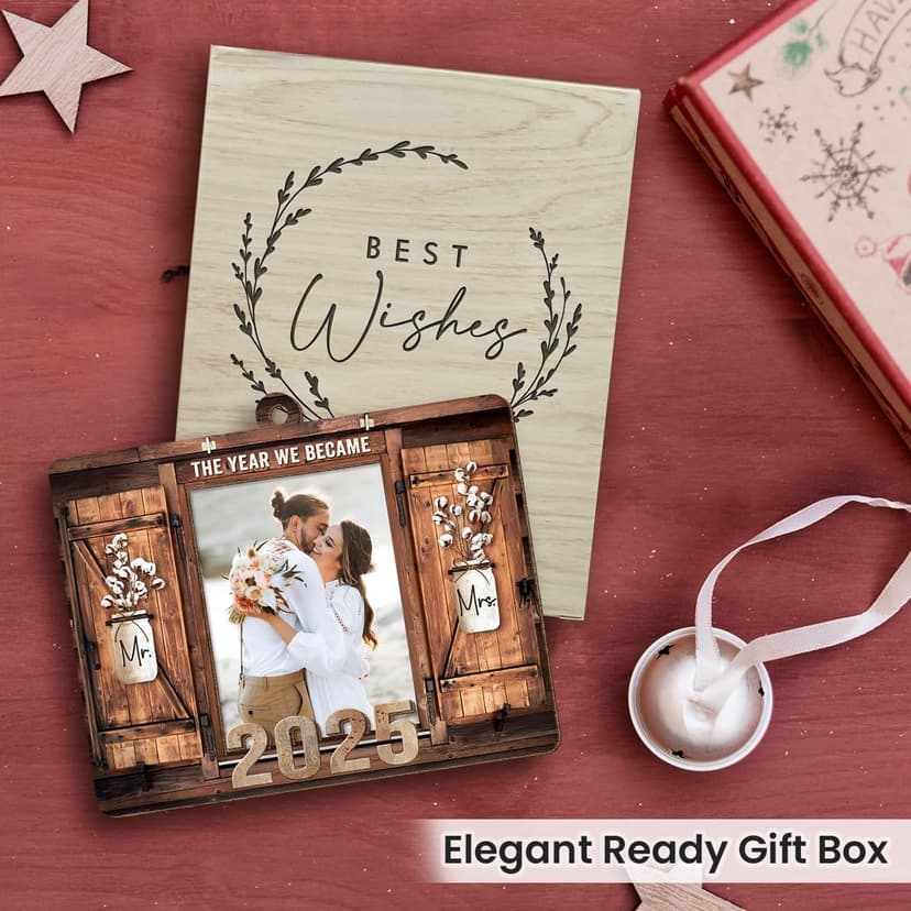 Personalized Wedding Gifts for Couples 2025 - Marriage Customized Wood Ornaments with Photos, Bridal Shower Gifts for Bride, Mr and Mrs Engagement Gift, Personalized Picture Frame