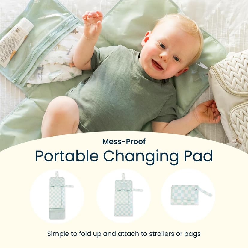 Tiny Twinkle Portable Diaper Changing Pad | Waterproof, Wipeable & Compact Baby Changing Pad for Travel | Smart Wipes Pocket & Organized Storage| Newborn Shower Gift (Sage Checkers) B0DDT2VW7T
