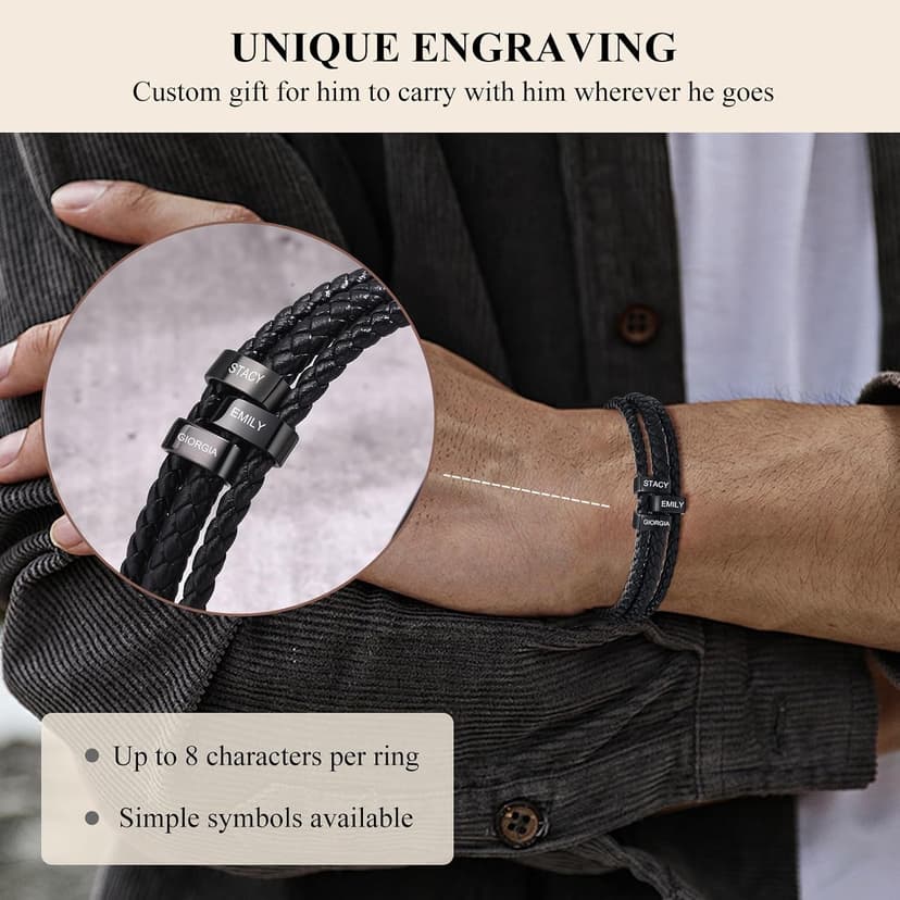 VNOX Fathers Day Gift for Dad Personalized Name Bracelet for Men Braided Leather Bracelets with Names Custom Beads Dad Bracelet for Husband Father,Personalized Gifts from Daughter Wife Son Kids B0CNGWVGGH