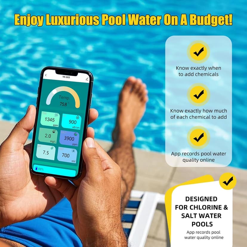 Smart Pool Monitor with Gateway, Profession Salt Water Pool Testing kit for Swimming Pool, 7 in 1 Chlorine Salinity ORP Monitor for Aquarium Sodium Chloride Swimming Pools Hot Tub Spas