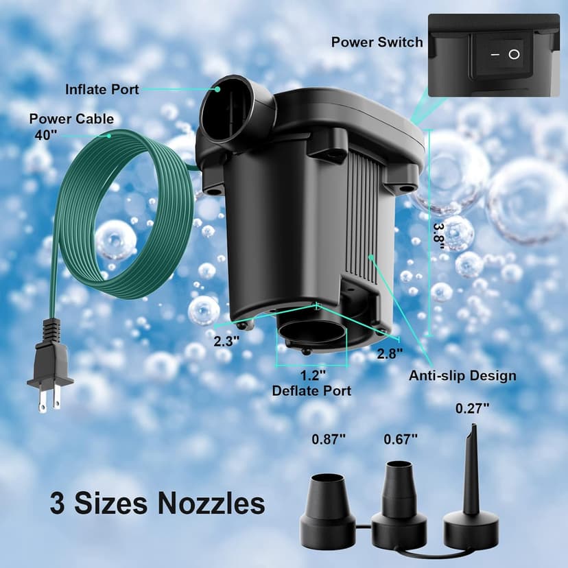 Electric Air Pump - Quick-Fill Portable AC110-120V Pump for Inflatables, Mattresses, Cushions, Pool Floats & More