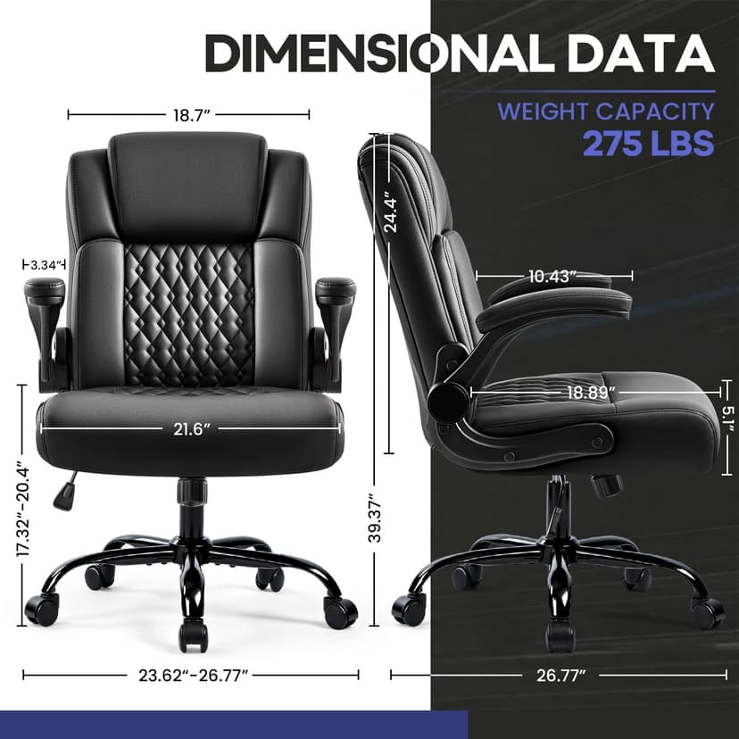 OFIKA Leather Office Desk Chair,Ergonomic Office Chair with Lumbar Support,Computer Chair,Executive Leather Chair with Padded Flip-up Arm,Adjustable Armrests, Black,275LBS