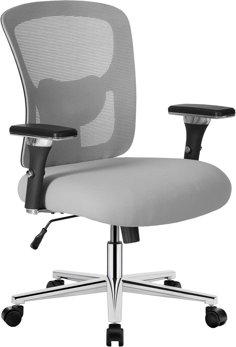 Sweetcrispy Big and Tall Office Desk Chair with Lumbar Support, 500lbs Heavy Duty Mesh Ergonomic Computer Chair with 4D Armrest and Wide Comfy Seat, 360° Swivel Wheels for Adult, Grey