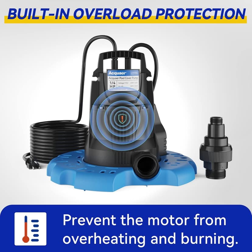 Acquaer 1/4 HP Automatic Swimming Pool Cover Pump, 2250 GPH Submersible Sump Pump with 3/4” Check Valve Adapter & 25ft Power Cord, Water Removal for Pool, Hot Tubs, Rooftops, Water Beds and more