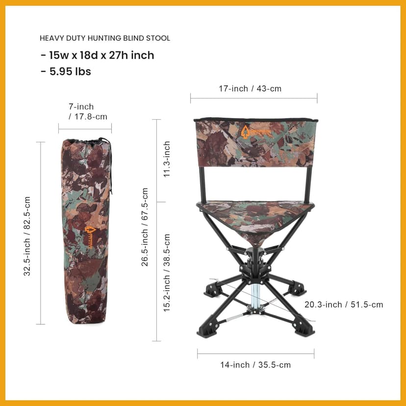 ARROWHEAD OUTDOOR 360° Degree Swivel Hunting Chair Stool Seat, Perfect for Blinds, No Sink Feet, Supports up to 450lbs, Carrying Case, Steel Frame, Fishing, High-Grade 600D Canvas
