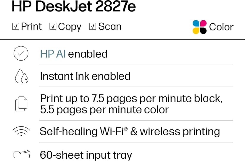 HP DeskJet 2827e Wireless All-in-One Color Inkjet Printer, Scanner, Copier, Best-for-Home, 3 Month Instant Ink Trial Included, AI-Enabled (6W7F5A)