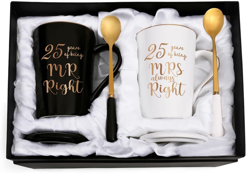 YHRJWN 25th Anniversary Presents, 25th Wedding Anniversary Presents for Couple Parents, 25th Mr Right Mrs Always Right Coffee Mugs, His and Hers Gifts, 14 Oz with Lids, Spoons and Gift Box