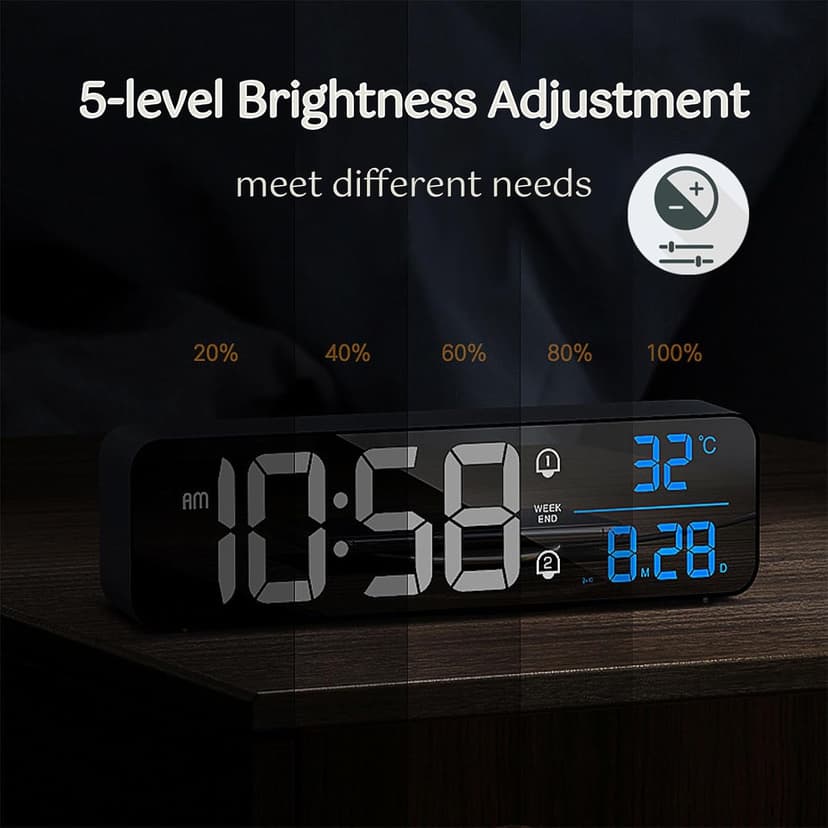 Digital Clock, Large Display LED Alarm Clock for Living Room Bedroom Office, Rechargeable Wall Clock, Sound-Activated, Snooze, Date & Temp Display, 40 Tones, 2 Alarms, 4 Volume, 5 Brightness Dimmer