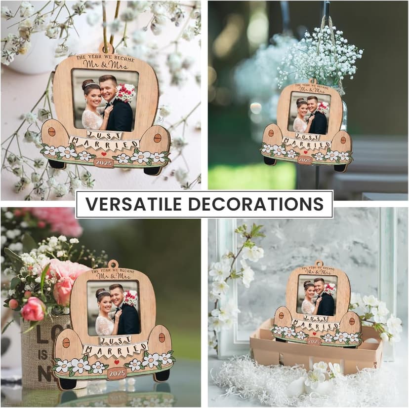 Just Married Personalized Christmas Ornaments - Wedding Gifts for Couples 2025, Bridal Shower Gift for Bride, Custom Wooden Ornaments with Picture, Newly Wed Gifts for The Couple Mr and Mrs Engagement