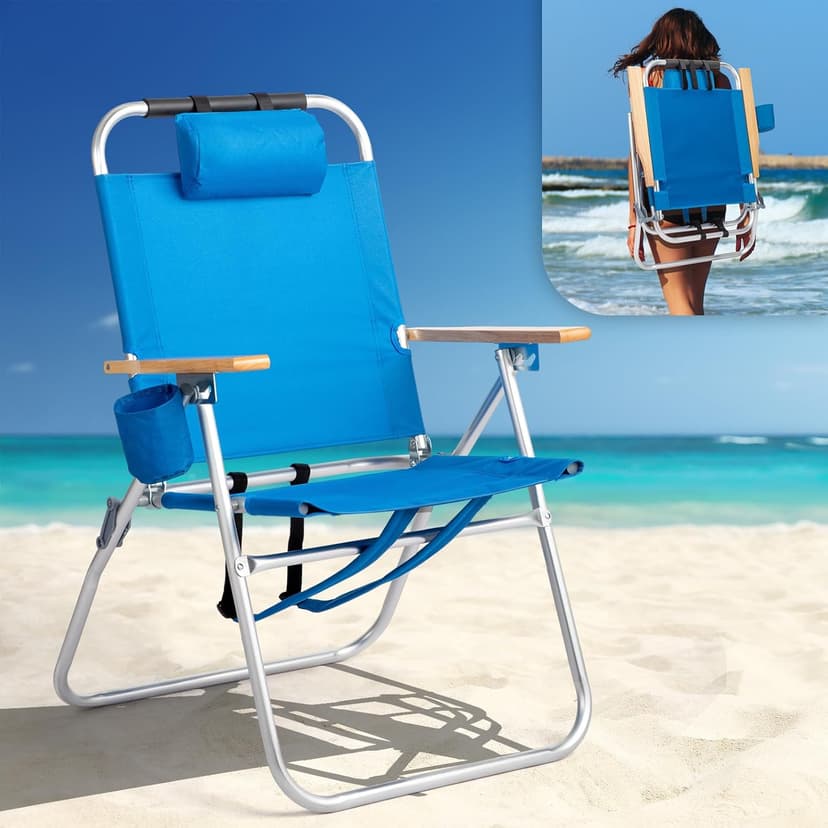 VINGLI 17" Tall Beach Chair, Aluminum Backpack Beach Chairs for Adults, Portable with Adjustable Straps, 3-Position Reclining, Cup Holder, High Lightweight Beach Chairs for Beach