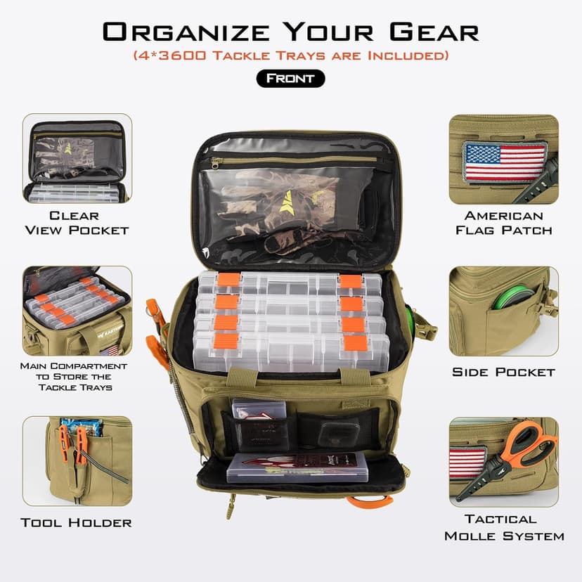 KastKing Karryall Fishing Tackle Bags with 4 * 3600 Tackle Trays - Saltwater & Freshwater Fishing Gear Storage