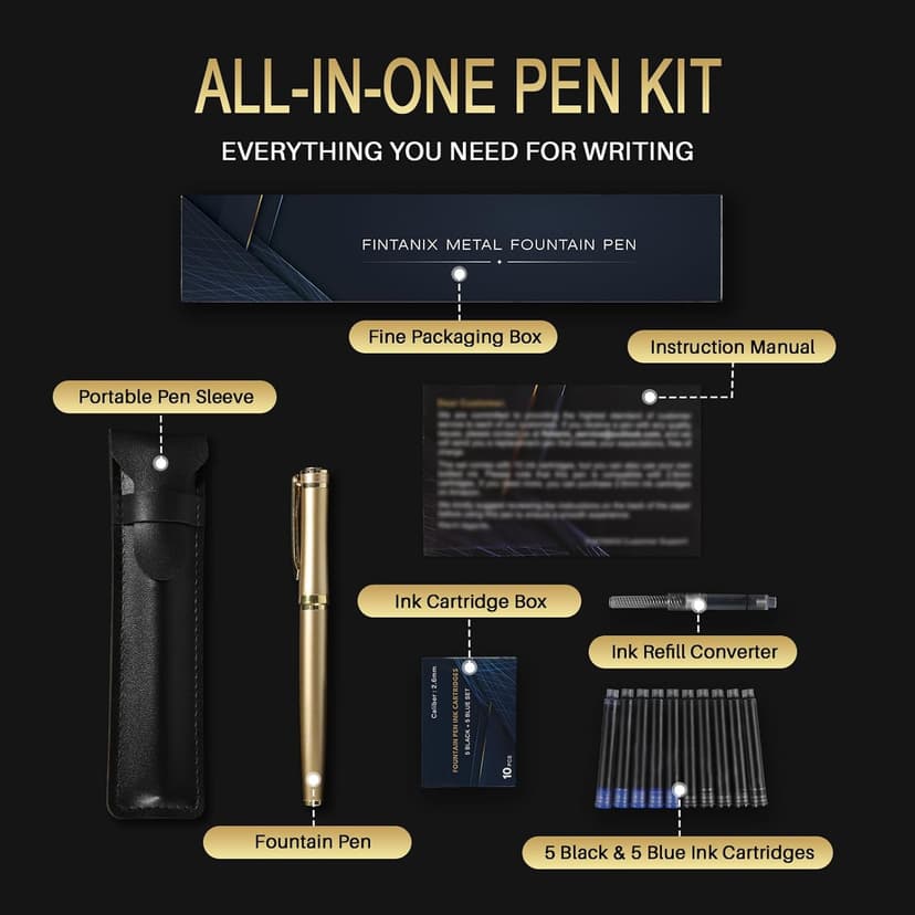 Fountain Pen with Fine Nib | Luxury Gold Finish, Smooth Ink Flow, Complete Set with Ink Cartridges, Converter & Sleeve | Ideal for Professionals, Office, Journaling, and Gifts