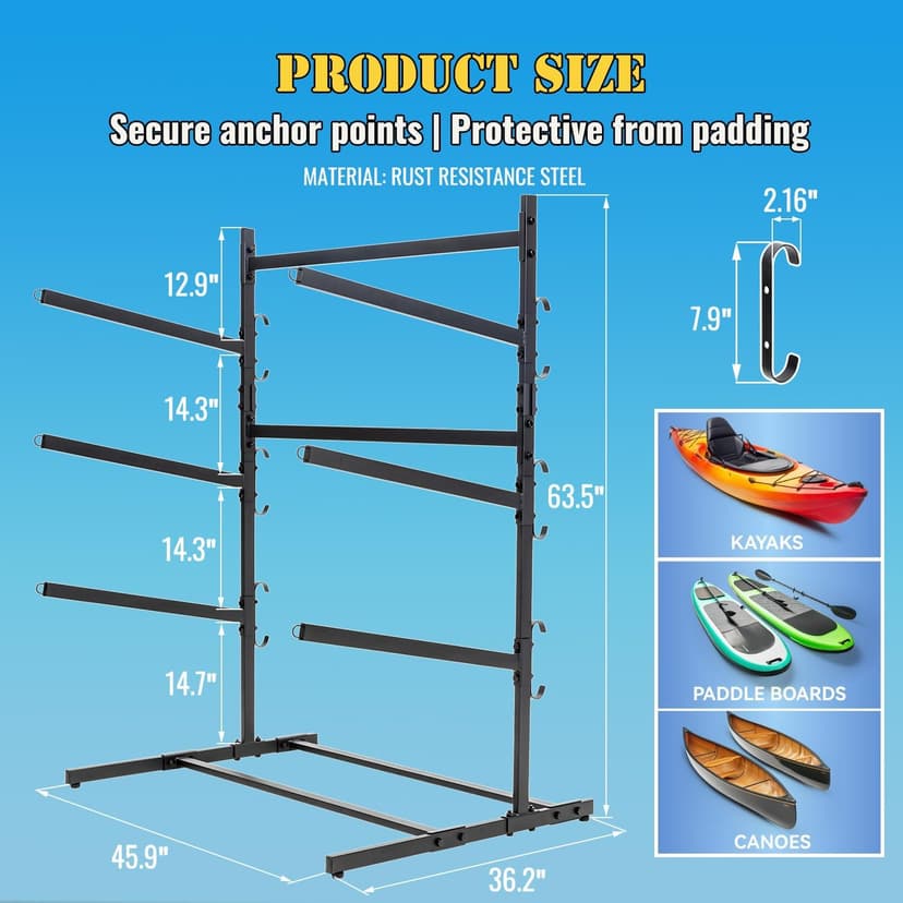 Kayak Storage Rack, Heavy Duty Kayak Racks for Garage and Outdoor Storage, Storage Rack for Kayak, Canoe, Surfboard & Paddleboard-3 Levels